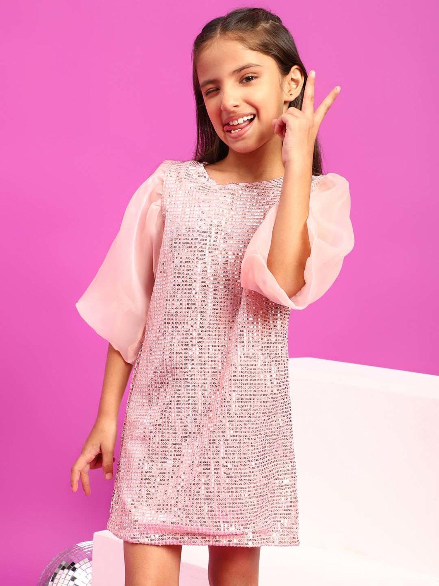 Tales & Stories Kids Peach Embellished Dress