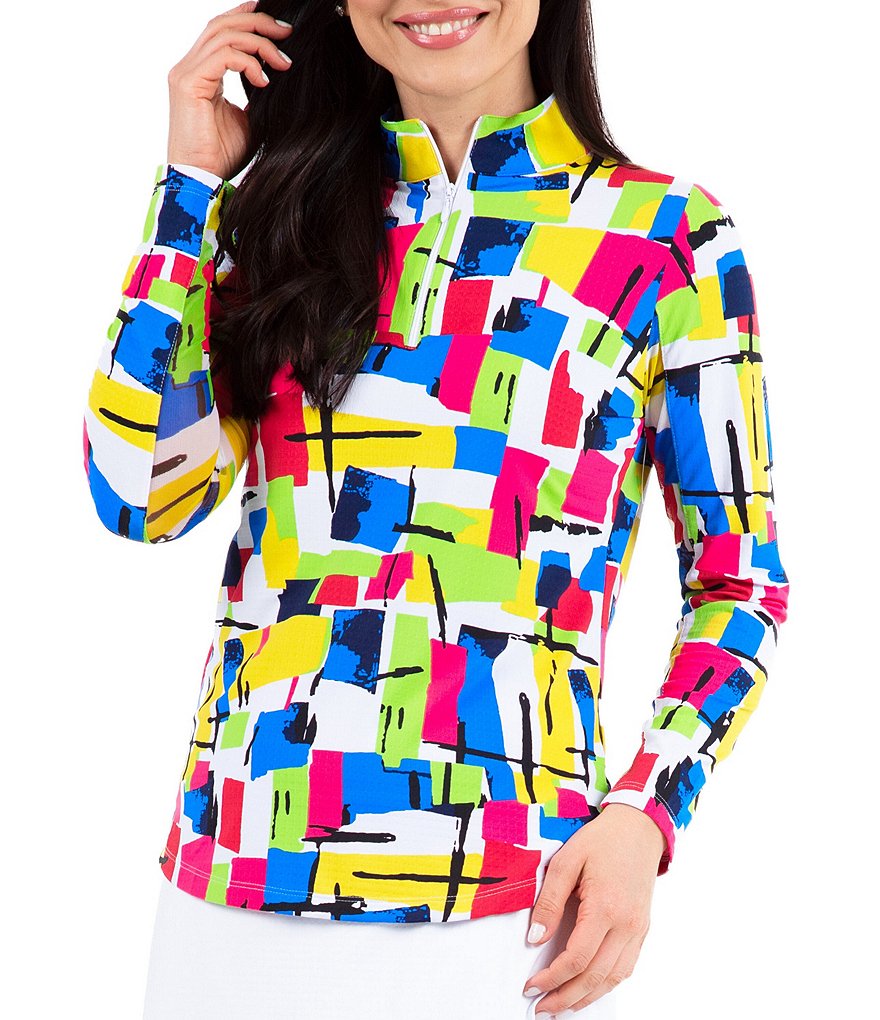 IBKUL Mondrian Print Long Sleeve Mock Neck Top