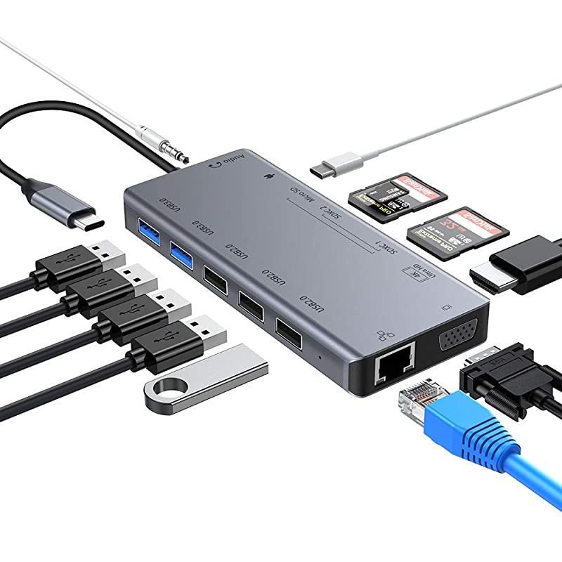 USB C Docking Station,  13-in-1 USB-C HUB, MacBook Type-C Adapter with 4K HDMI, VGA, PD, Ethernet, 3USB 2.0, 2USB 3.0, 3SD/TF Card Slots, Audio, for MacBook/HP/Dell/Surface/Lenovo Laptop
