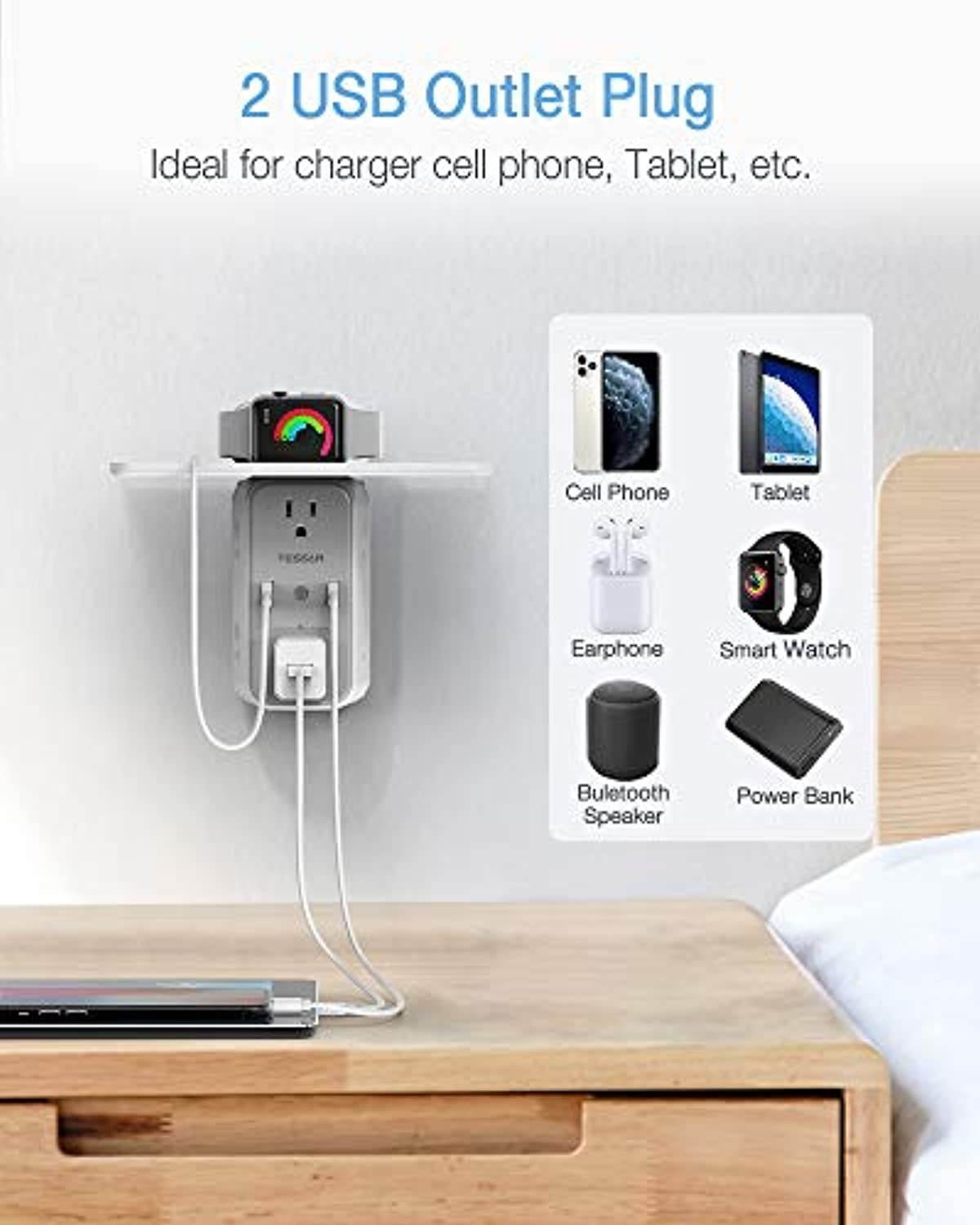 Multi Plug Outlet Extender with Shelf, TESSAN USB Wall Charger with 6 Electrical Socket, Multiple Outlet Expander Surge Protector, Wall Mount Outlet Splitter for Home Dorm Essentials (TS-WM06-GR-US-1)