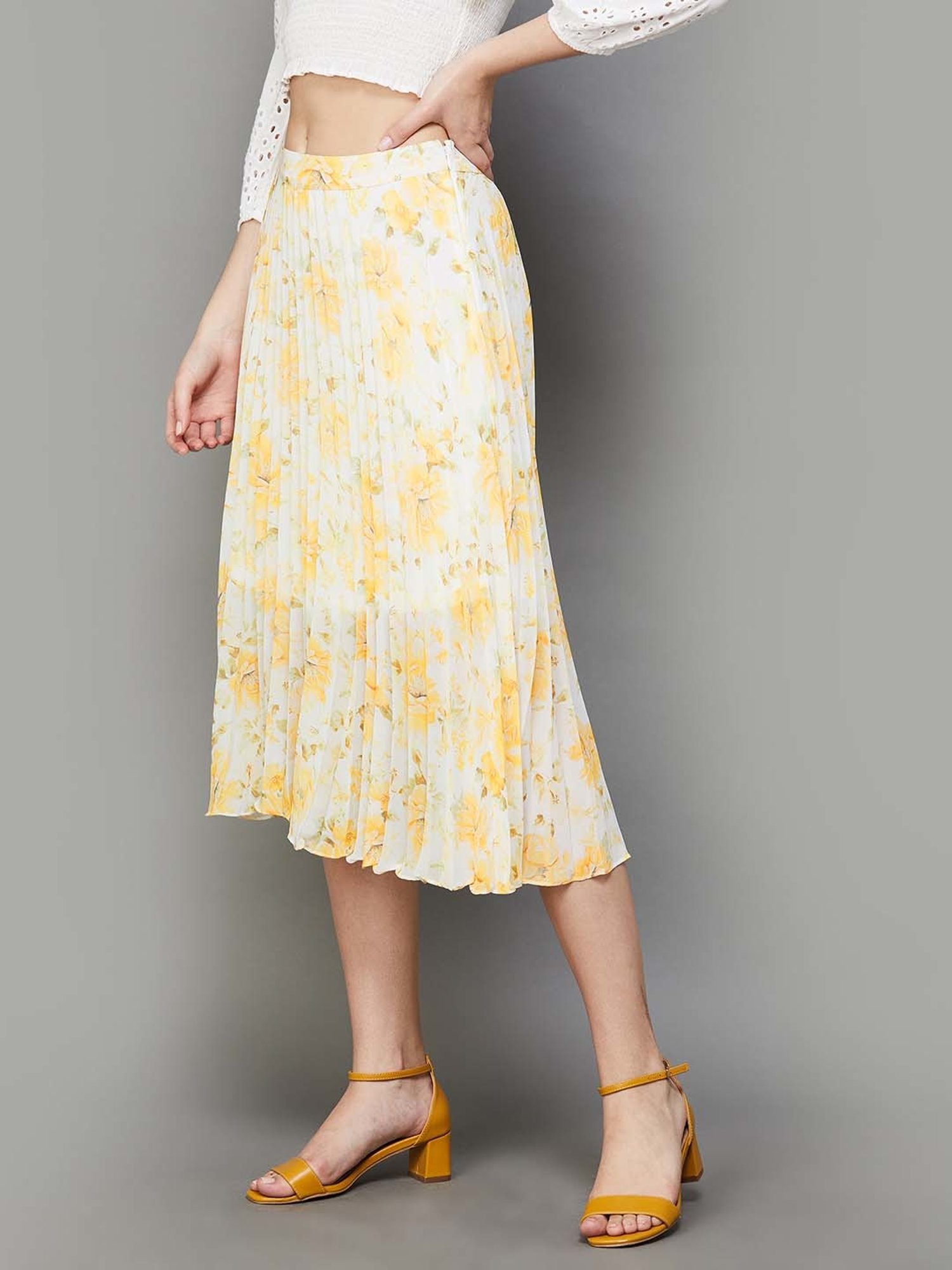 Code by Lifestyle Yellow Printed A-Line Skirt