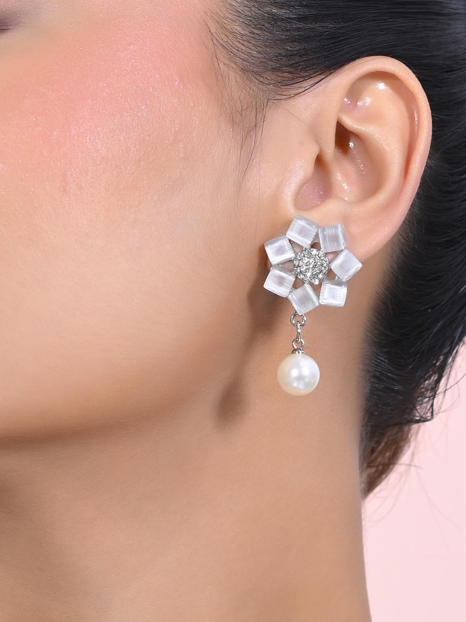 VOJ Silver Plated Floral Stone Studded Earrings for Women