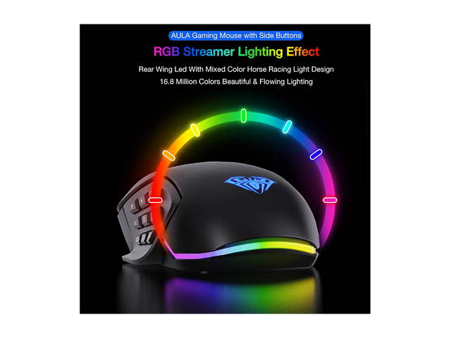 AULA H510 RGB Gaming Mouse with 9 Side Buttons High Precision 10000 DPI Optical Sensor, Fire Button Computer Mice 14-Programmable-Buttons for PC/Gamer