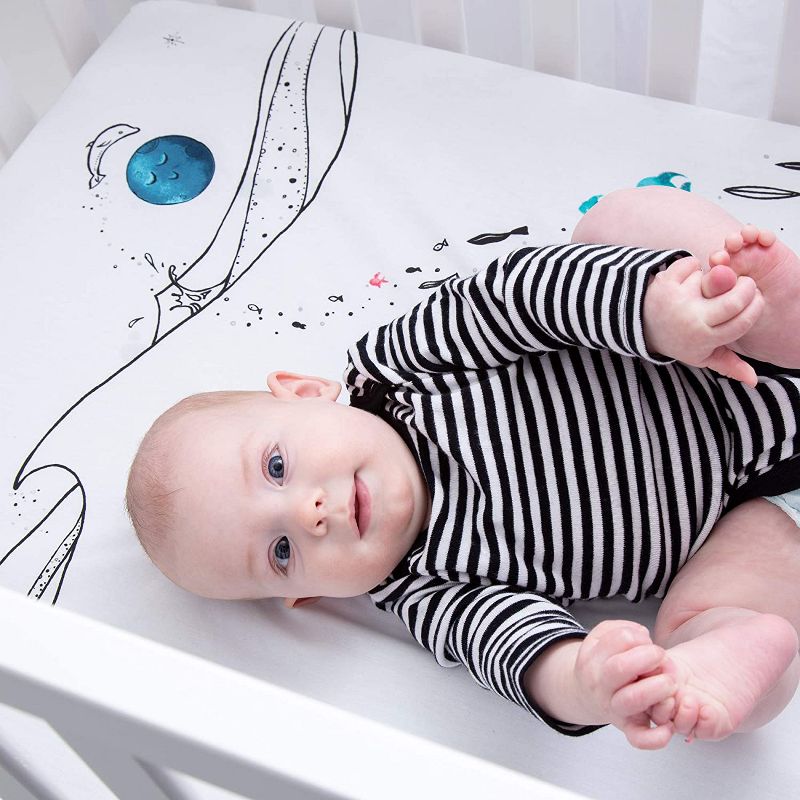JumpOff Jo Fitted Mini Crib Sheet, Cotton Crib Sheet for Miniature Sized Crib Mattresses, Hypoallergenic and Breathable, 24" x 38", Moonlight Mermaid
