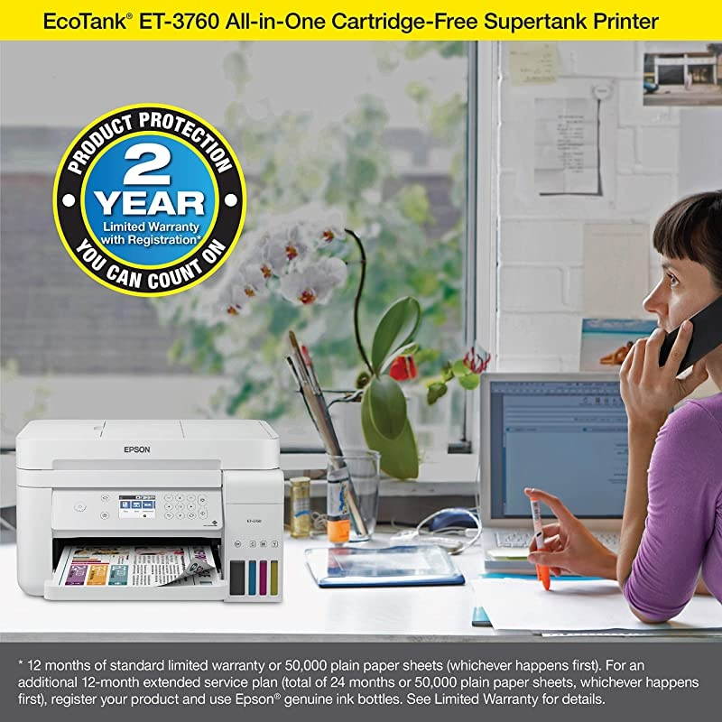 EcoTank ET3760 Wireless Color AllinOne CartridgeFree Supertank Printer with Scanner Copier and Ethernet Regular