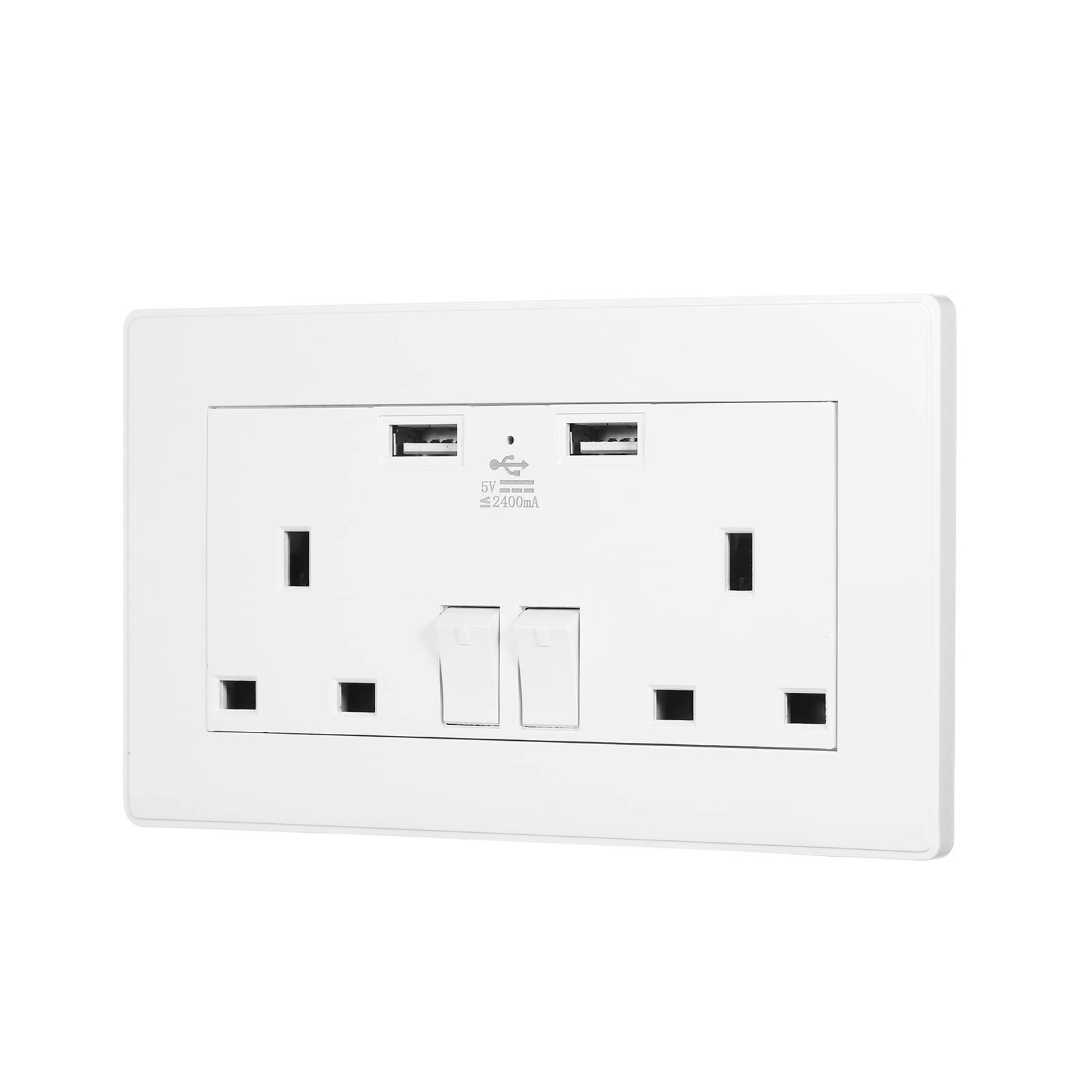 2 Gang 13A Outlet Individually Switched Dual Plug Socket with 2 USB Ports LED Indicator Light Wall Outlet UK Standard