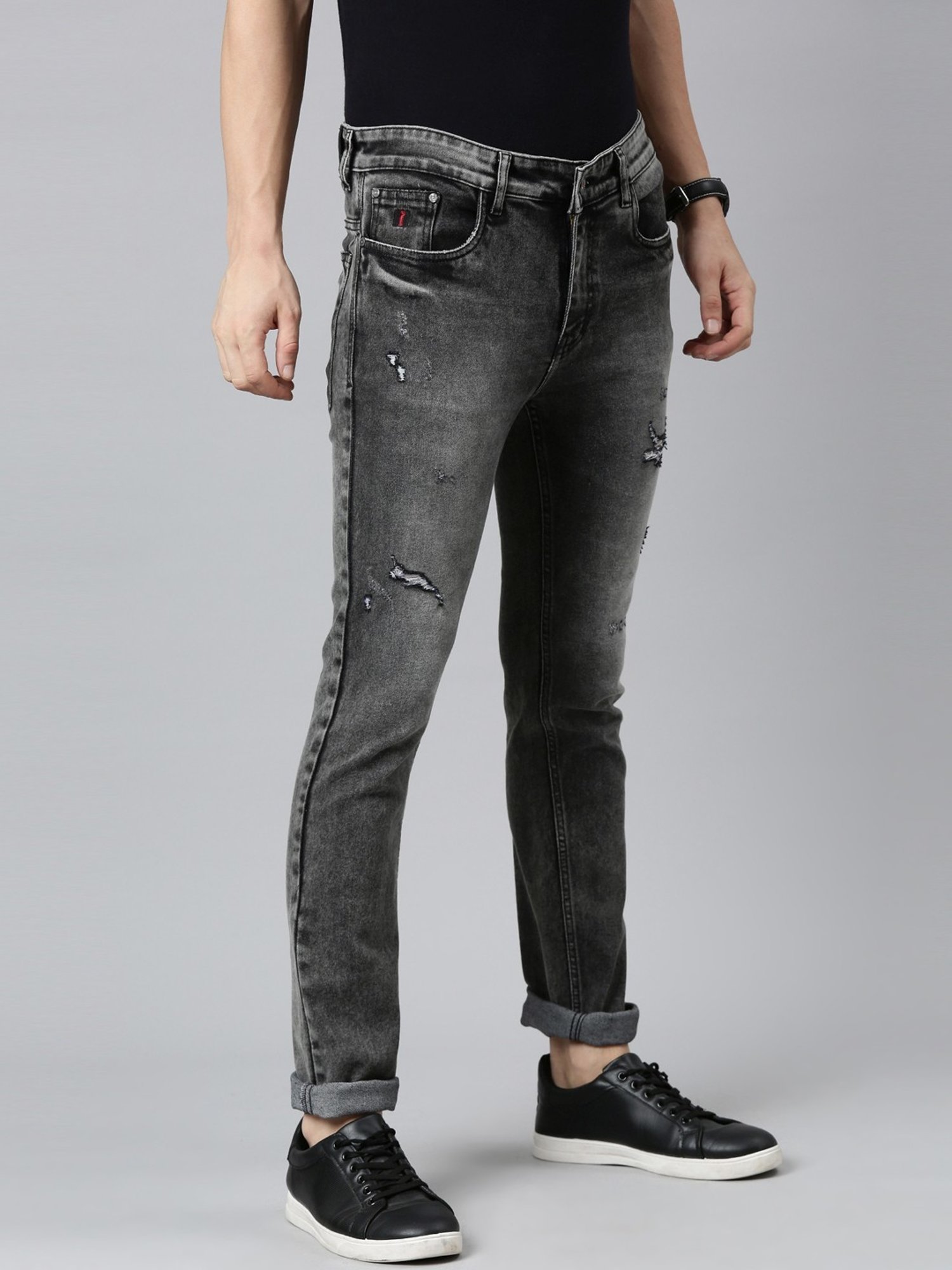 CINOCCI Mid Black Cotton Slim Fit Distressed Jeans
