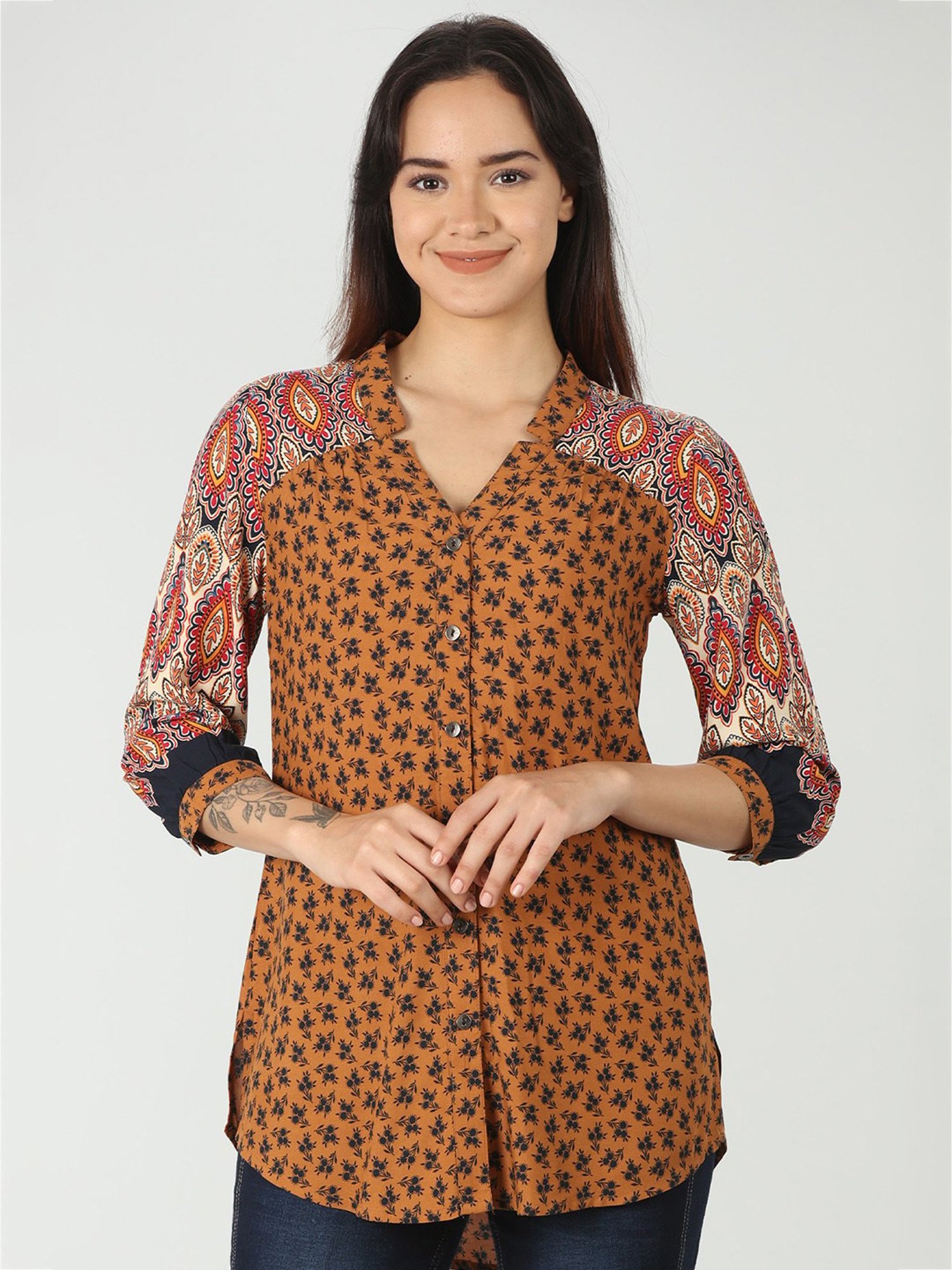 Mustard Multicolor Rayon Printed Shirt