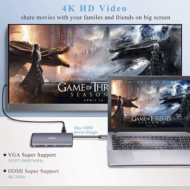 USB C Hub, 10 in 1 USB C Adapter, Type C Hub with Ethernet Port, 4K USB C to HDMI, VGA, USB-C 100W Power Delivery, 4 USB3.0, SD TF Card Reader, Works for MacBook/Pro/Air and Type C Windows Laptop