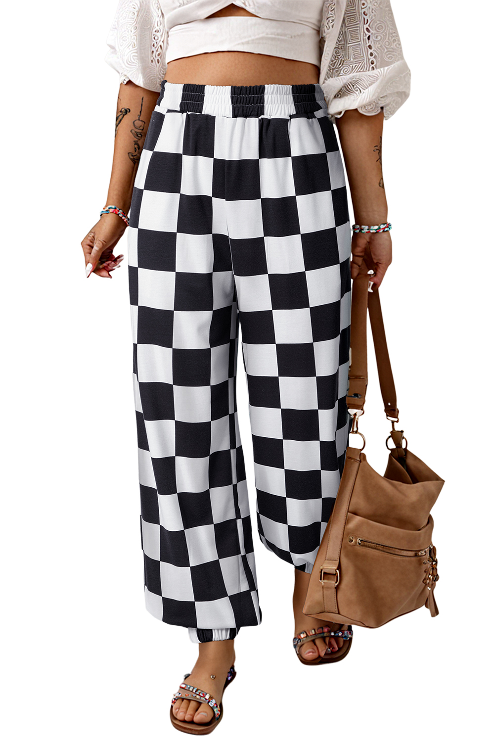 Black Checkerboard Elastic Waist Pocketed Joggers