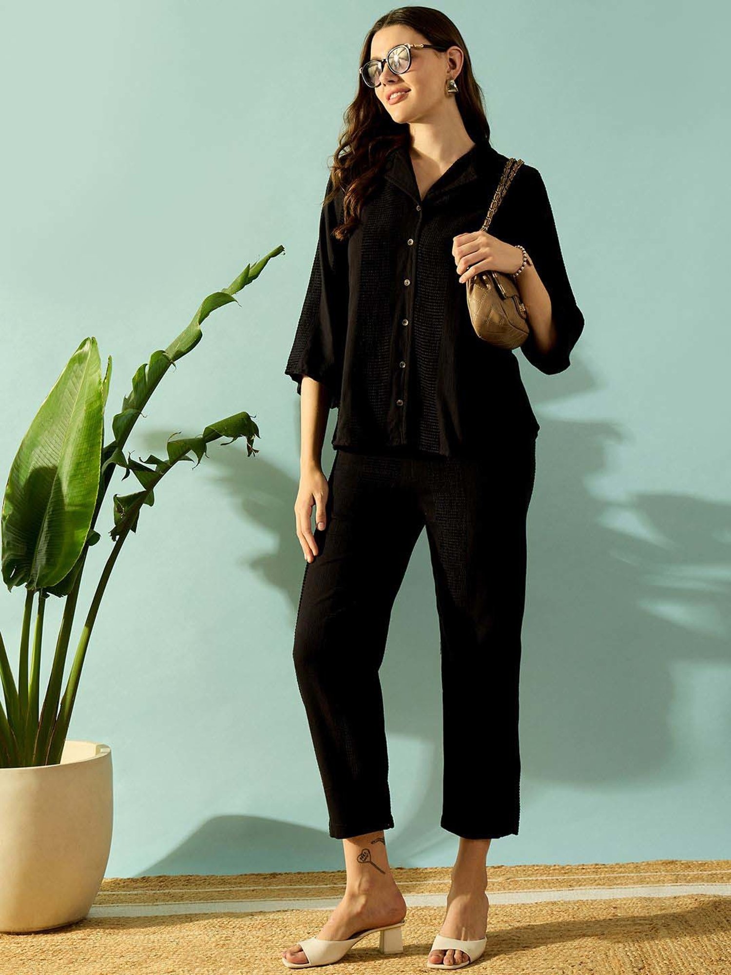 The Kaftan Company Black Cotton Self Pattern Top Pants Set
