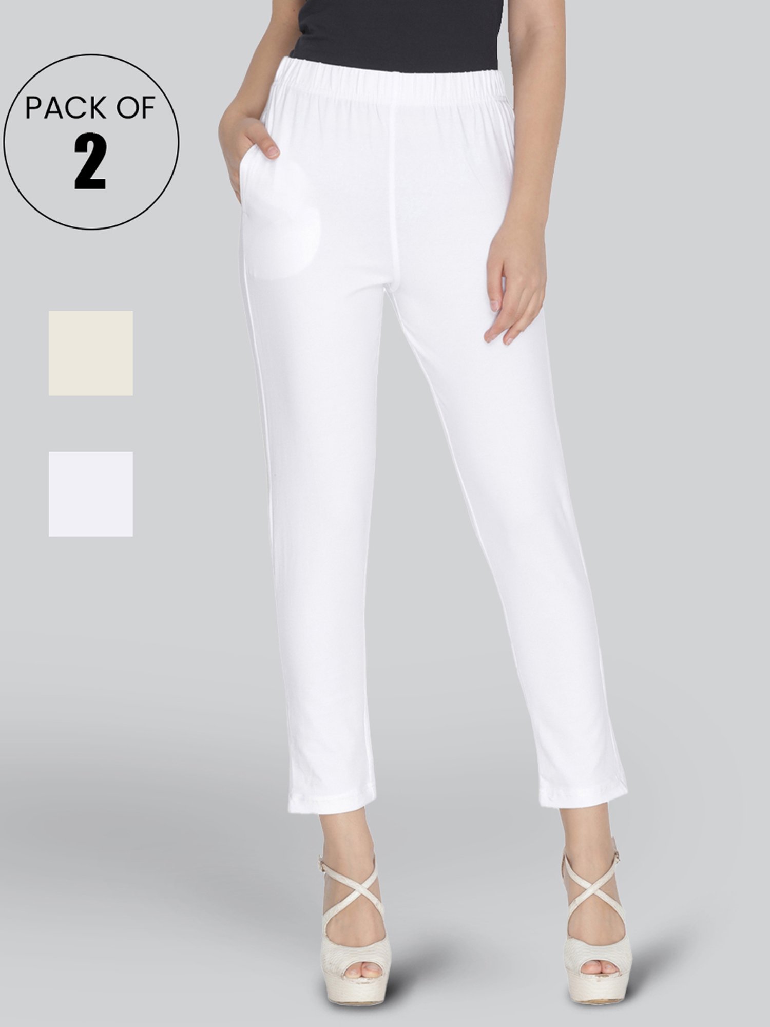 Lyra Cream & White Cotton Leggings - Pack Of 2