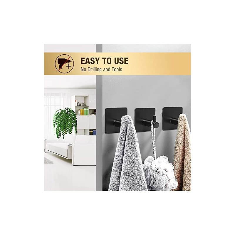 Adhesive Hooks,  [4 Pack] Heavy Duty Durable 304 Stainless Steel Wall Hangers, Waterproof Rustproof Oil Proof for Kitchen, Bathrooms, Doors, Office, Closet-Black