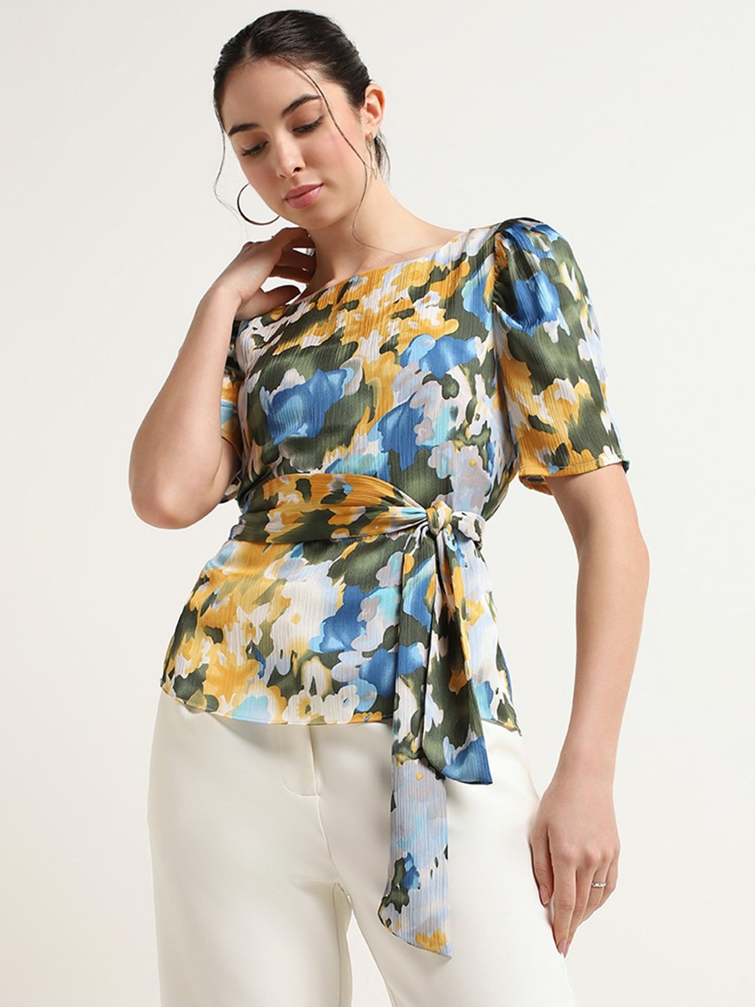 Wardrobe by Westside Multicolour Floral Print Tie-Waist Top