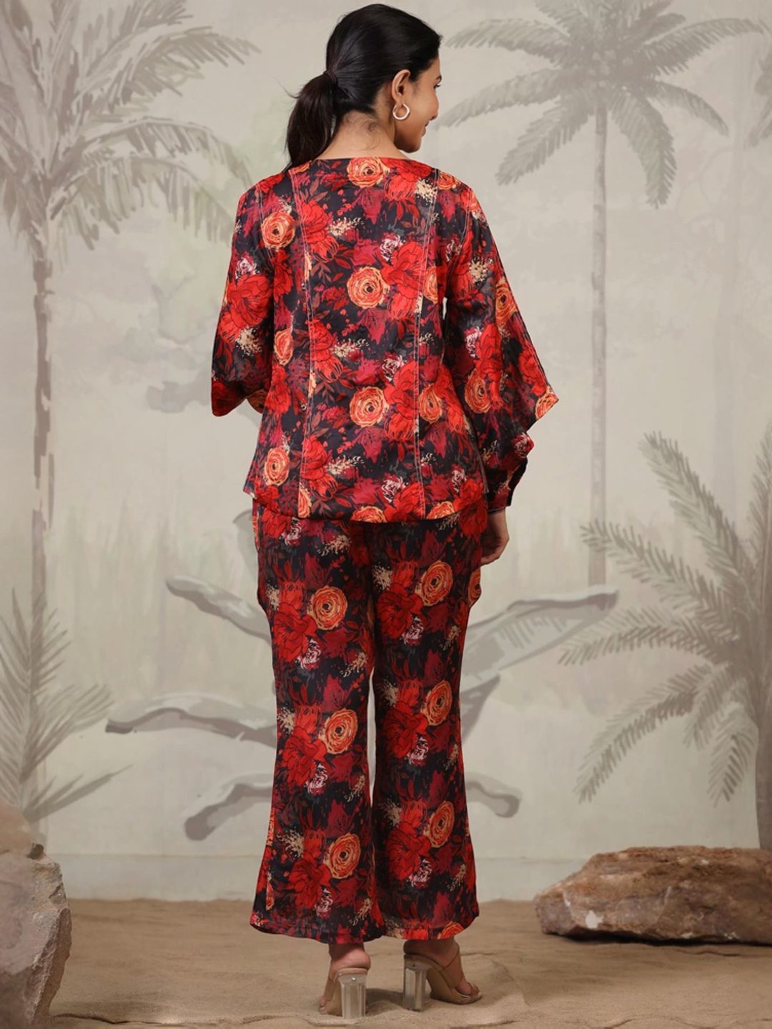 SCAKHI Black & Red Floral Print Top Pant Set