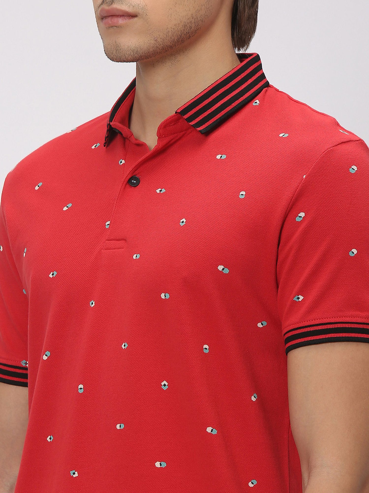 Mufti Red Slim Fit Printed Cotton Polo T-Shirt