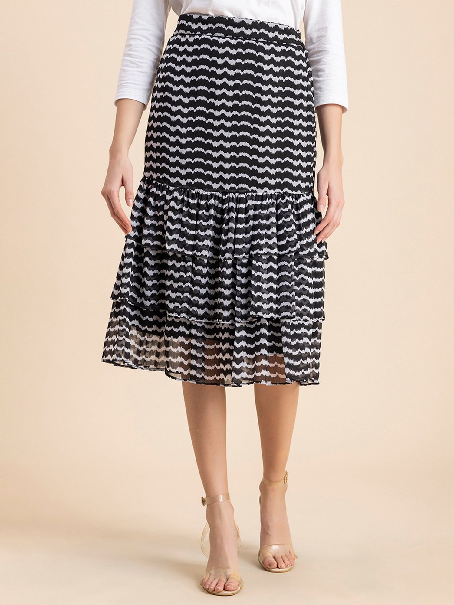 Moomaya Black & White Printed Skirt