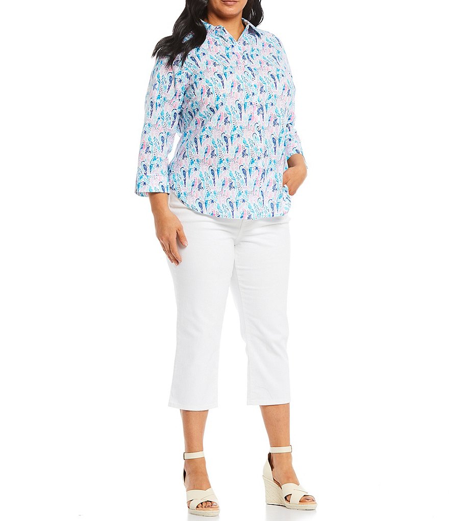 Foxcroft Plus Size Parrot Paradise Print Button Front Point Collar Neck Long Sleeve Top