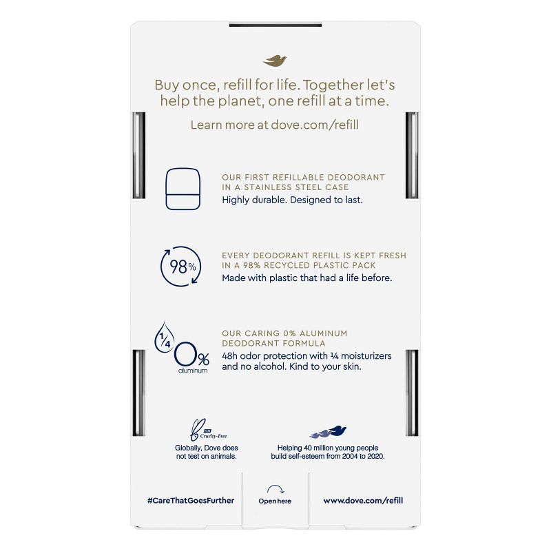 Dove Beauty 0% Aluminum Coconut & Pink Jasmine Refillable Deodorant Stainless Steel Case + 1 Refill - 1.13oz