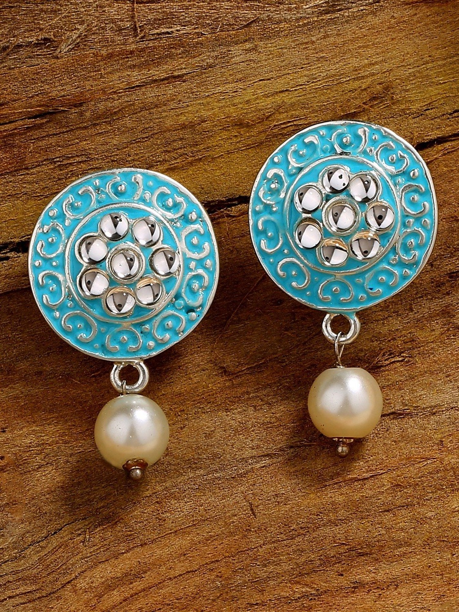 Estele Rhodium-Plated Sparkling Meenakari Pearl Drop Earrings