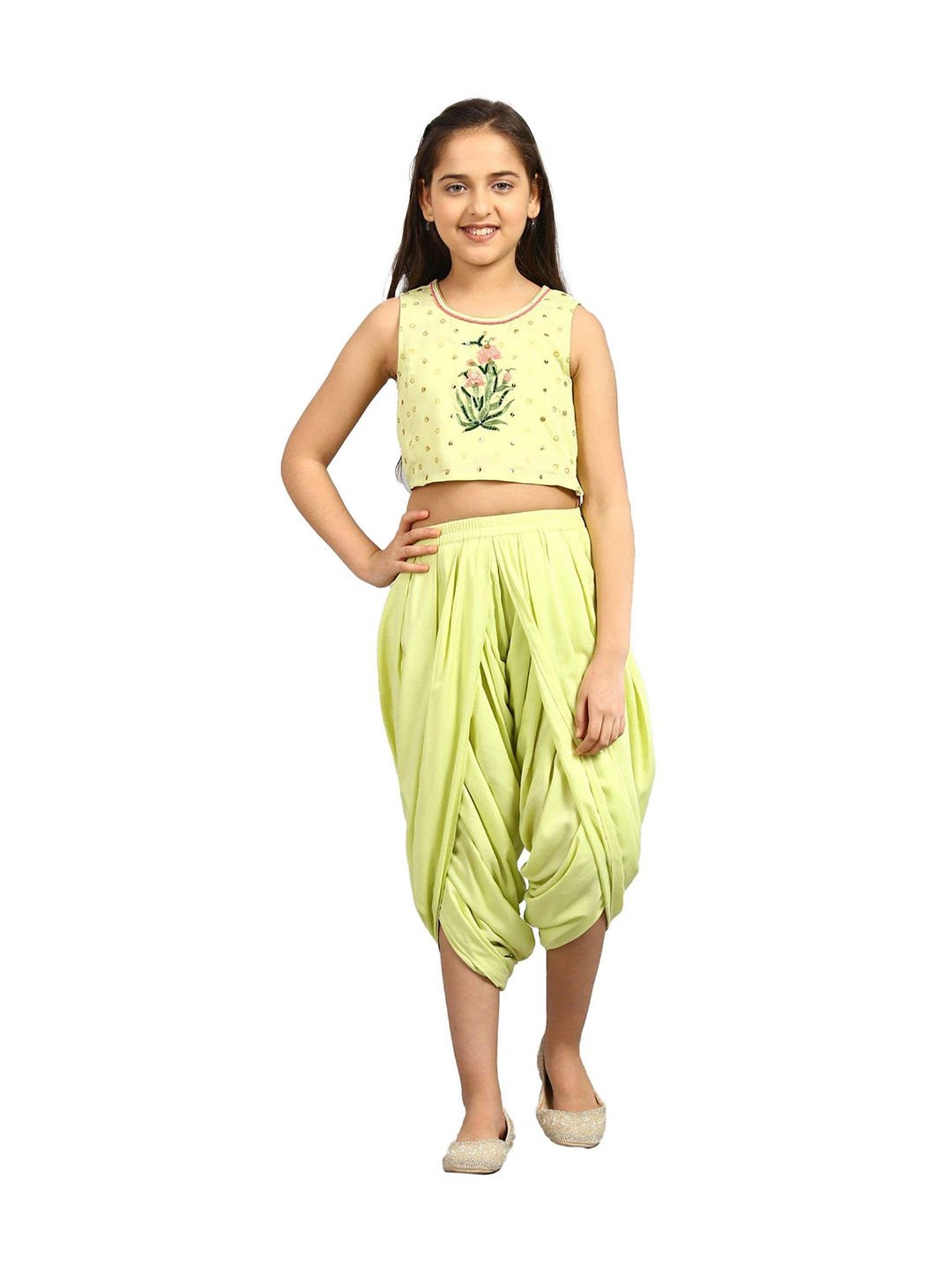 Aurelia Kids Green & Pink Embroidered Top, Salwar with Jacket