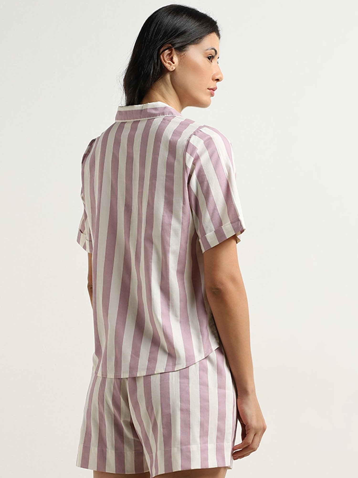 Wunderlove by Westside Dusty Pink Striped Cotton Shirt with Shorts Set