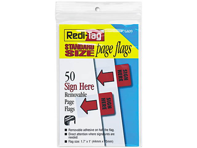 Redi-Tag 76809 Removable/Reusable Page Flags, "Sign Here", Red, 50/Pack