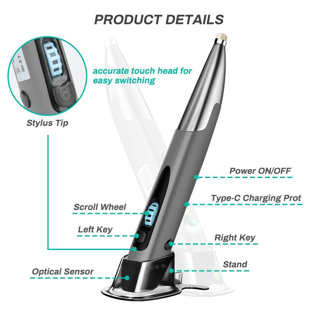 2.4G Wireless Optical Pen Mouse, Pocket Rechargeable Handwriting Mice with UCB-C & Micro-USB Adapter for Right and Left Hand 1600 DPI Ergonomic RGB Backlit Pen Mice for PC Notebook Mac