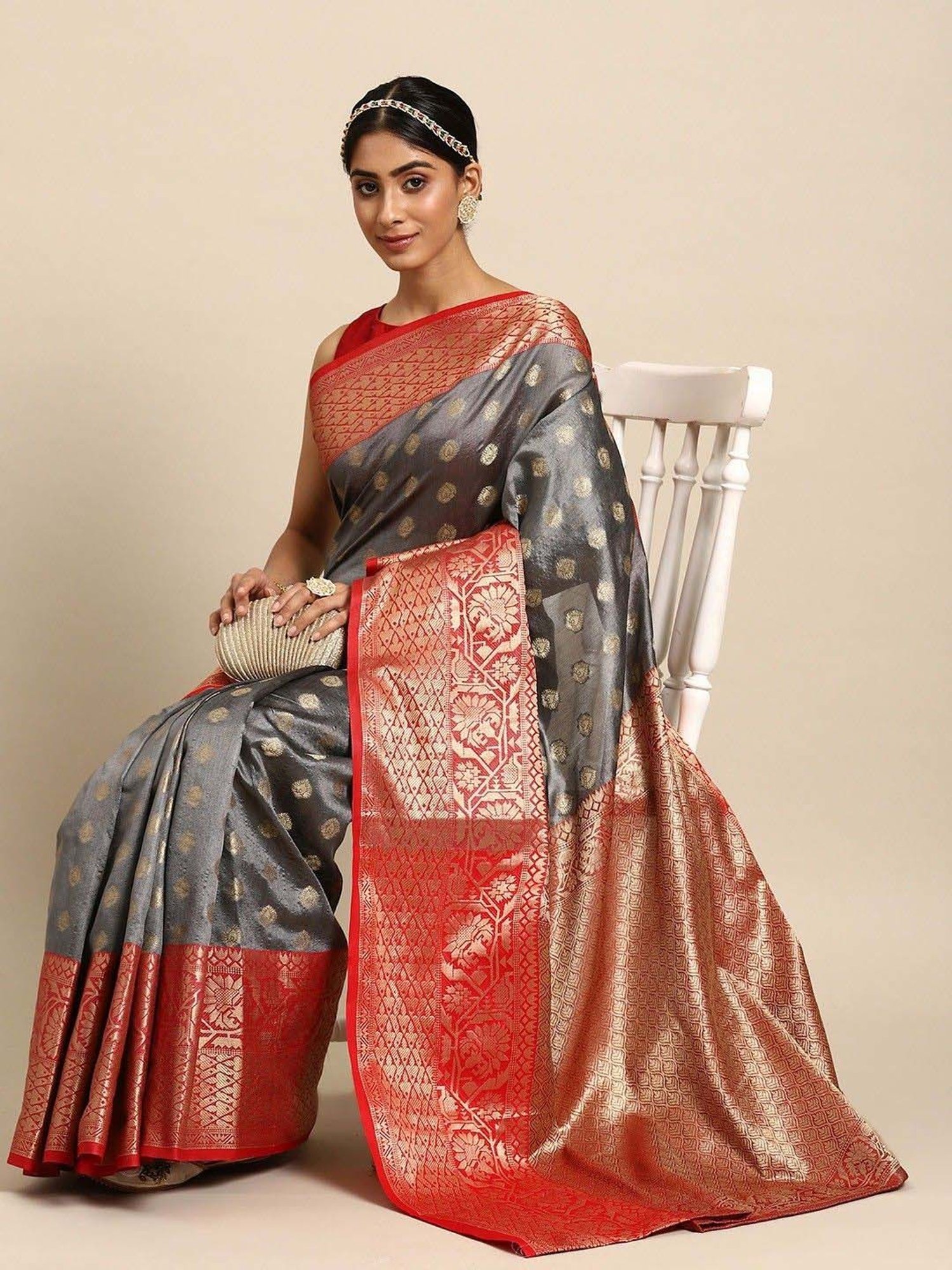 Silk Land Grey & Red Woven Saree With Unstitched Blouse