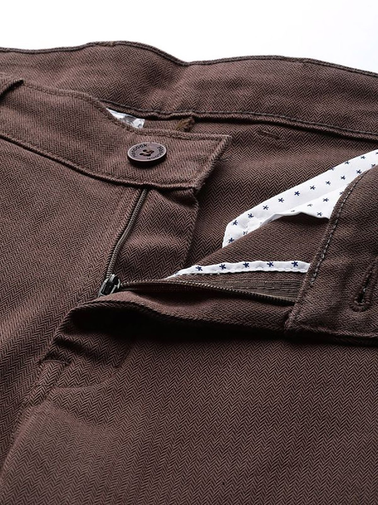 Hancock Brown Cotton Slim Fit Solid Trousers
