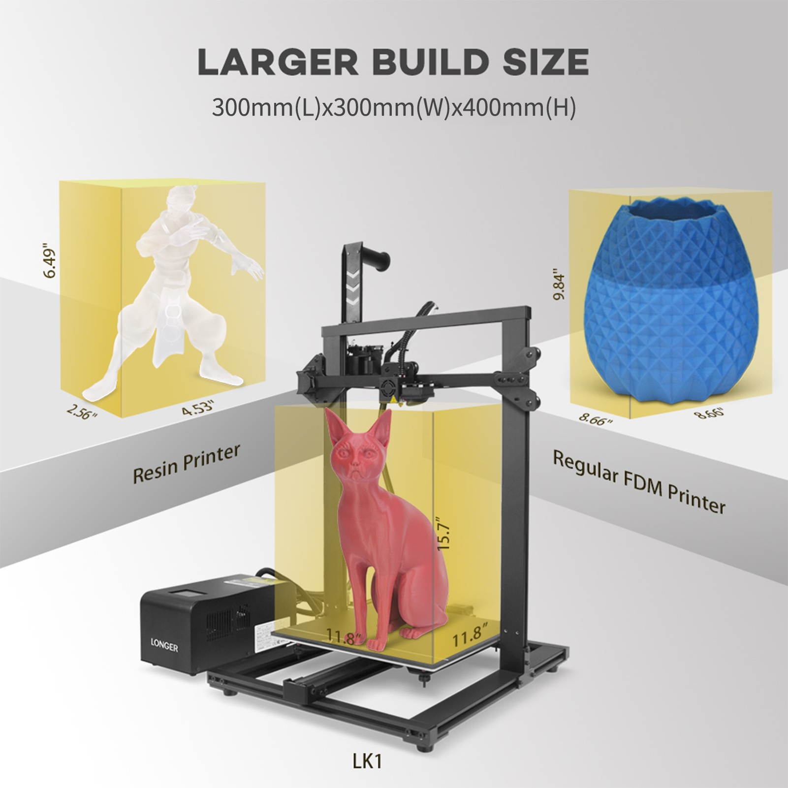 LONGER LK1 3D Printer 90% Pre-Assembled with 2.8 Inch Color TouchScreen 300x300x400mm Large Print Size Full Metal Body Filament Detector Resume Printing Tempered Glass Plate Safer Printing
