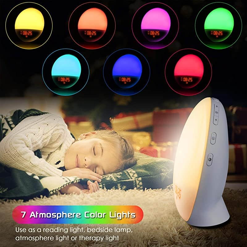 Up Light Sunrise Alarm Clock, 7 Colors Bedside Night Light with Sunrise/Sunset Simulation, Dual Alarms, Snooze Function, FM Radio Clock & 7 Natural Sounds, Ideal Gift for Kids/Adults