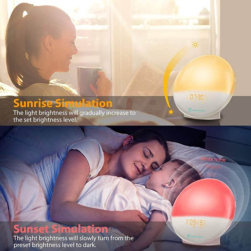 Sunrise Alarm Clock Smart Wake up Light Sleep Aid Digital Alarm Clock with Sunset Simulation and FM Radio 4 Alarms 7 Alarm SoundsSnooze20 Brightness