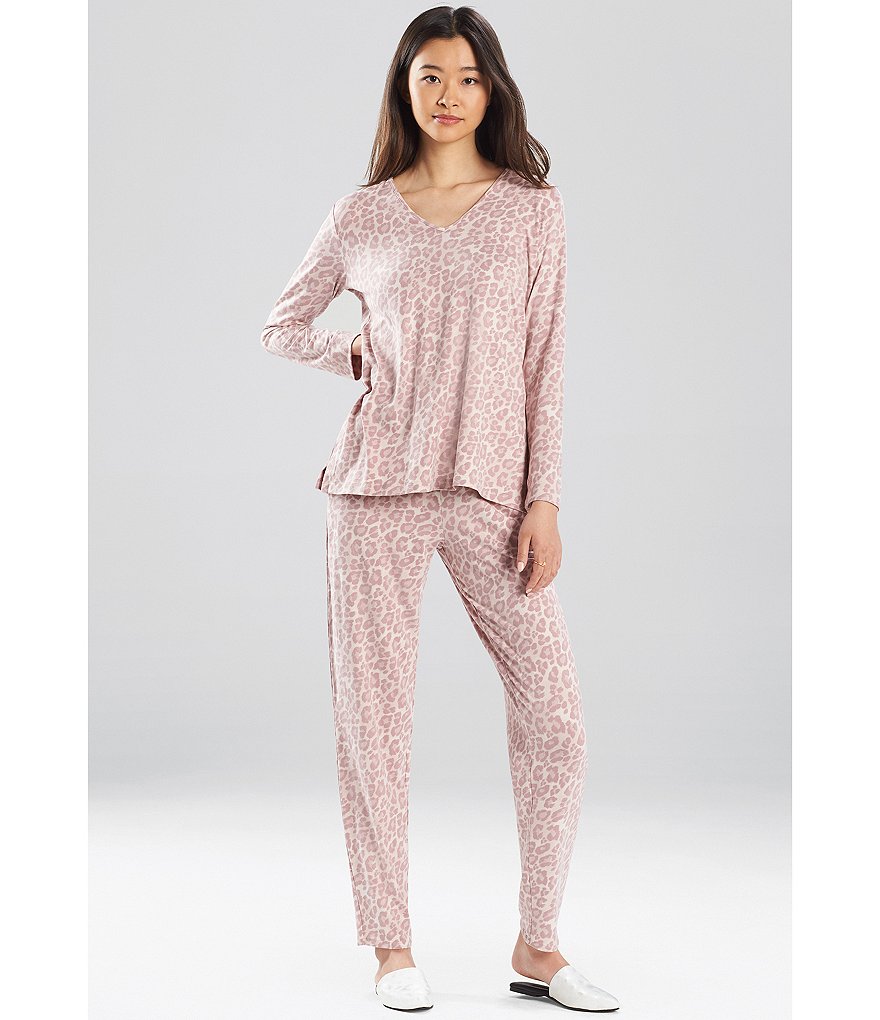 Natori Animal Print V-Neck Long Sleeve Jersey Knit Pajama Set