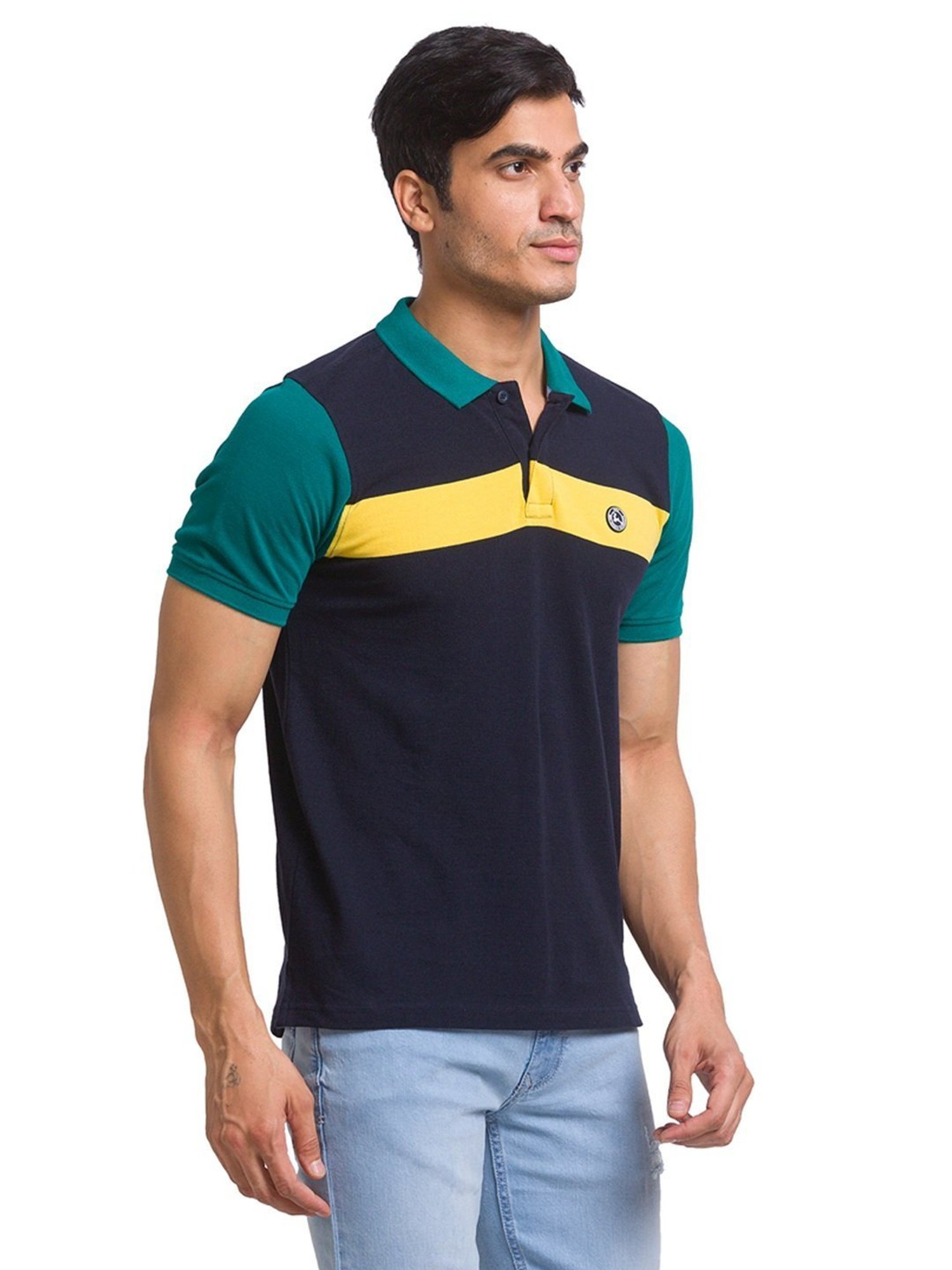 Parx Blue Cotton Regular Fit Printed Polo T-Shirt