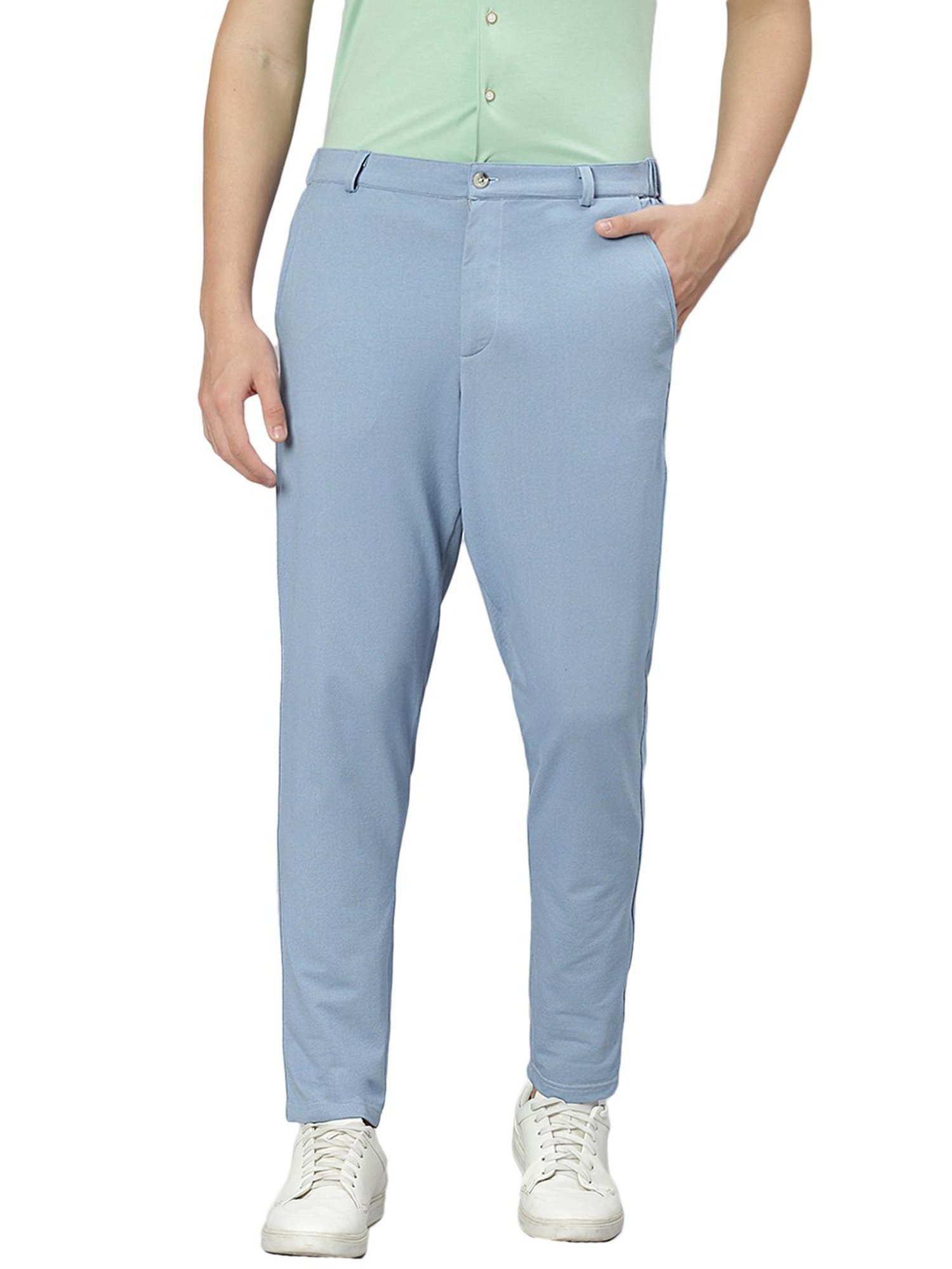 Slowave Sky Blue Regular Fit Denim Flat Front Trousers