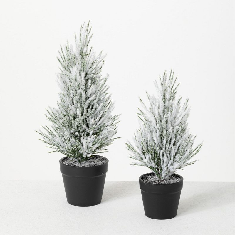 Sullivans Flocked Pine Artificial Tree Set of 2, 11"H & 9"H Green