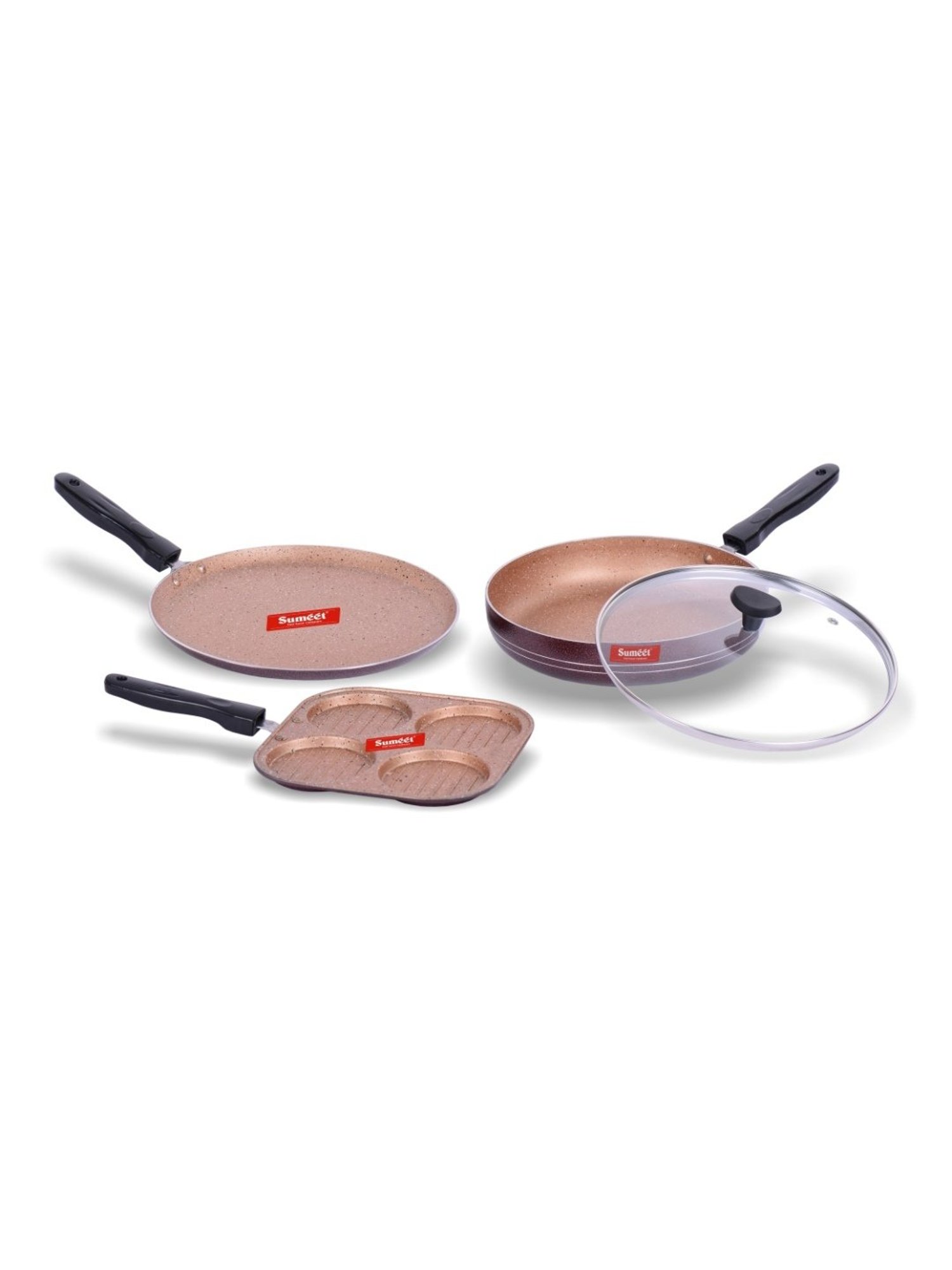 Sumeet Nonstick Granite 3pc Cookware Set (Mini Multi Snack Maker,Dosa Tawa,Fry Pan With Glass Lid)