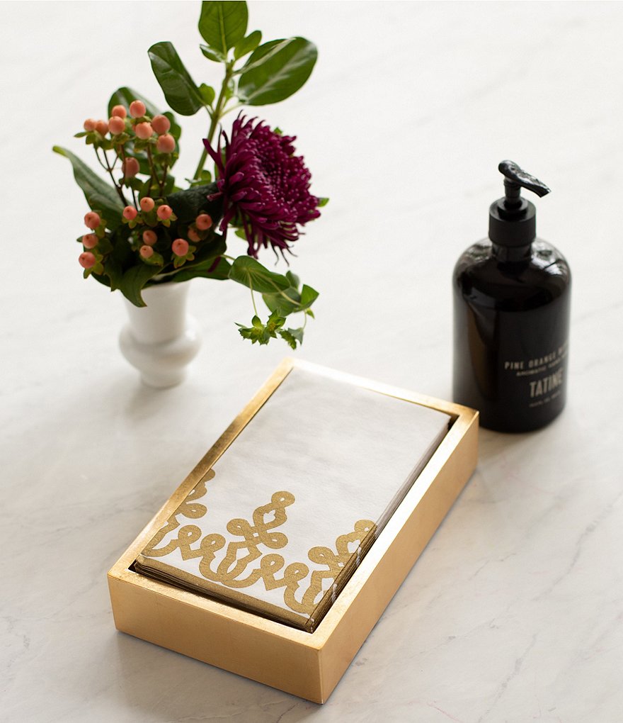 Caspari Desin Passementerie Linen Paper Guest Towel & Gold Lacquer Holder Set