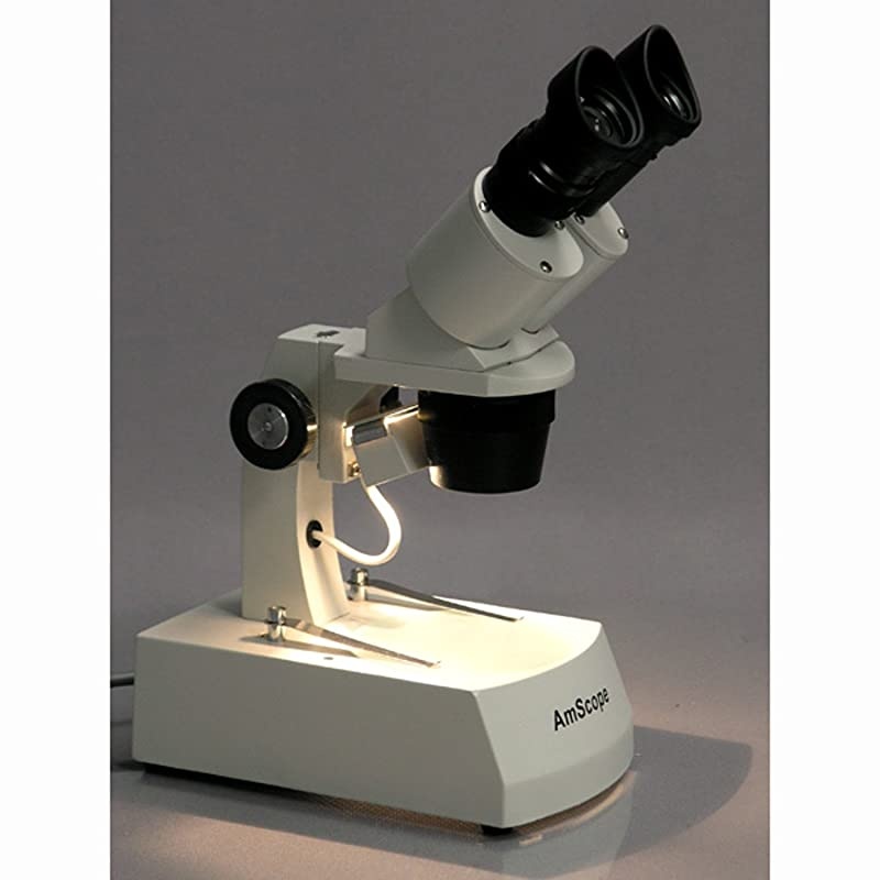 SE306RAZ ForwardMounted Binocular Stereo Microscope WF10x and WF20x Eyepieces 20X40X80X Magnification 2X and 4X Objectives Upper and Lower Halogen Lighting Reversible BlackWhite Stage Plate Arm Stand