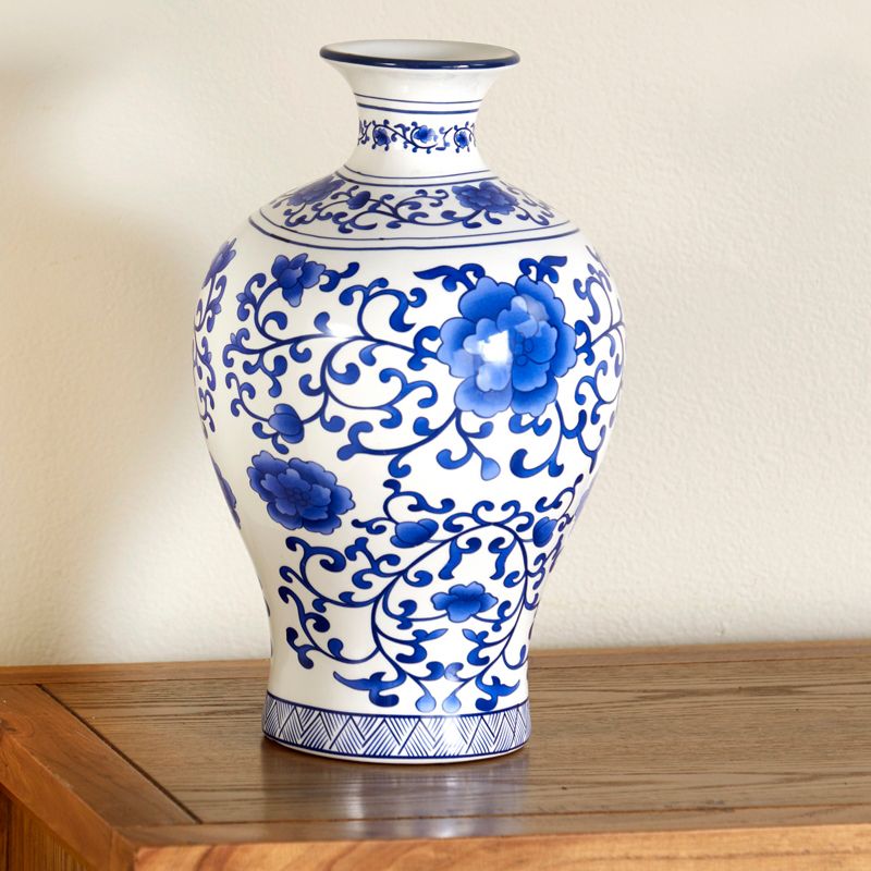 Lakeside Blue and White Ceramic Decorative Vase with Floral Aesthetic