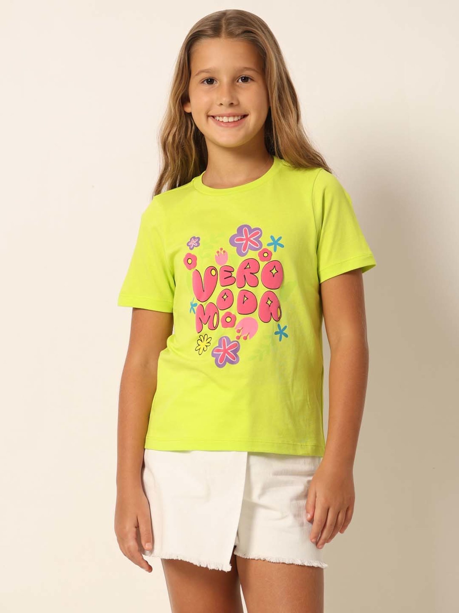 VERO MODA GIRL Lime Green Cotton Printed T-Shirt