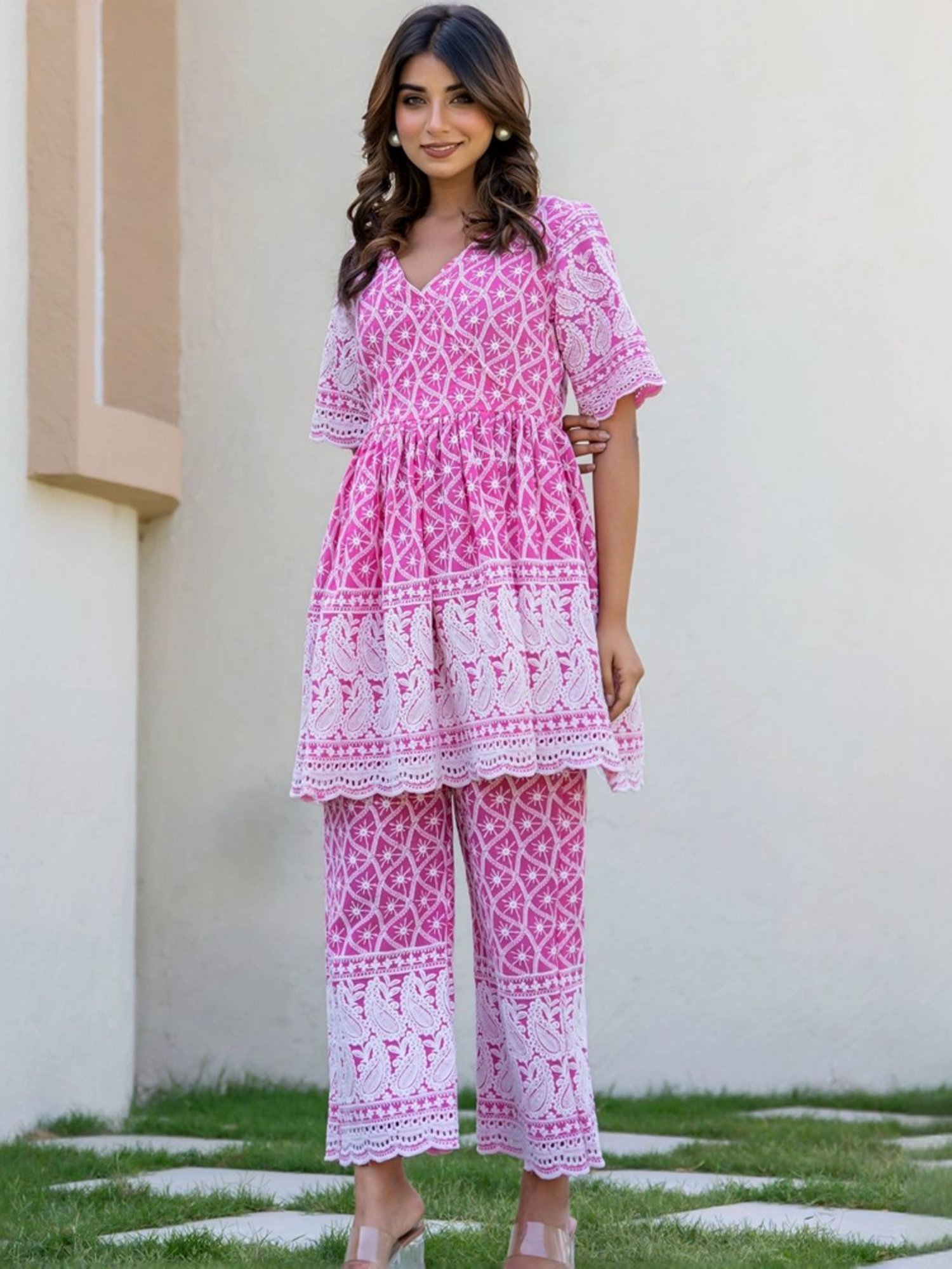 HOUSE OF JAMOTI Pink Cotton Embroidered Tunic Pant Set