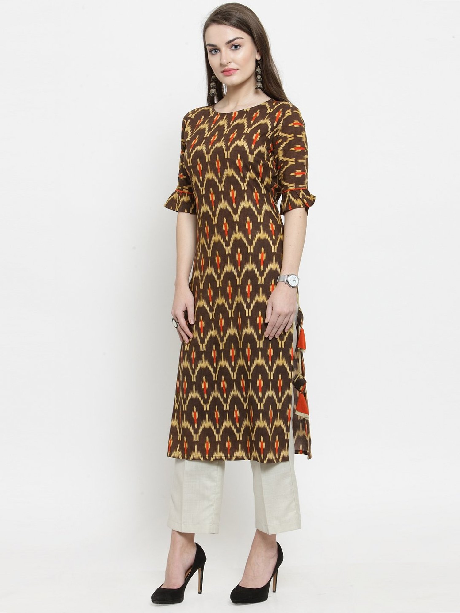 Indibelle Brown Printed Straight Kurta