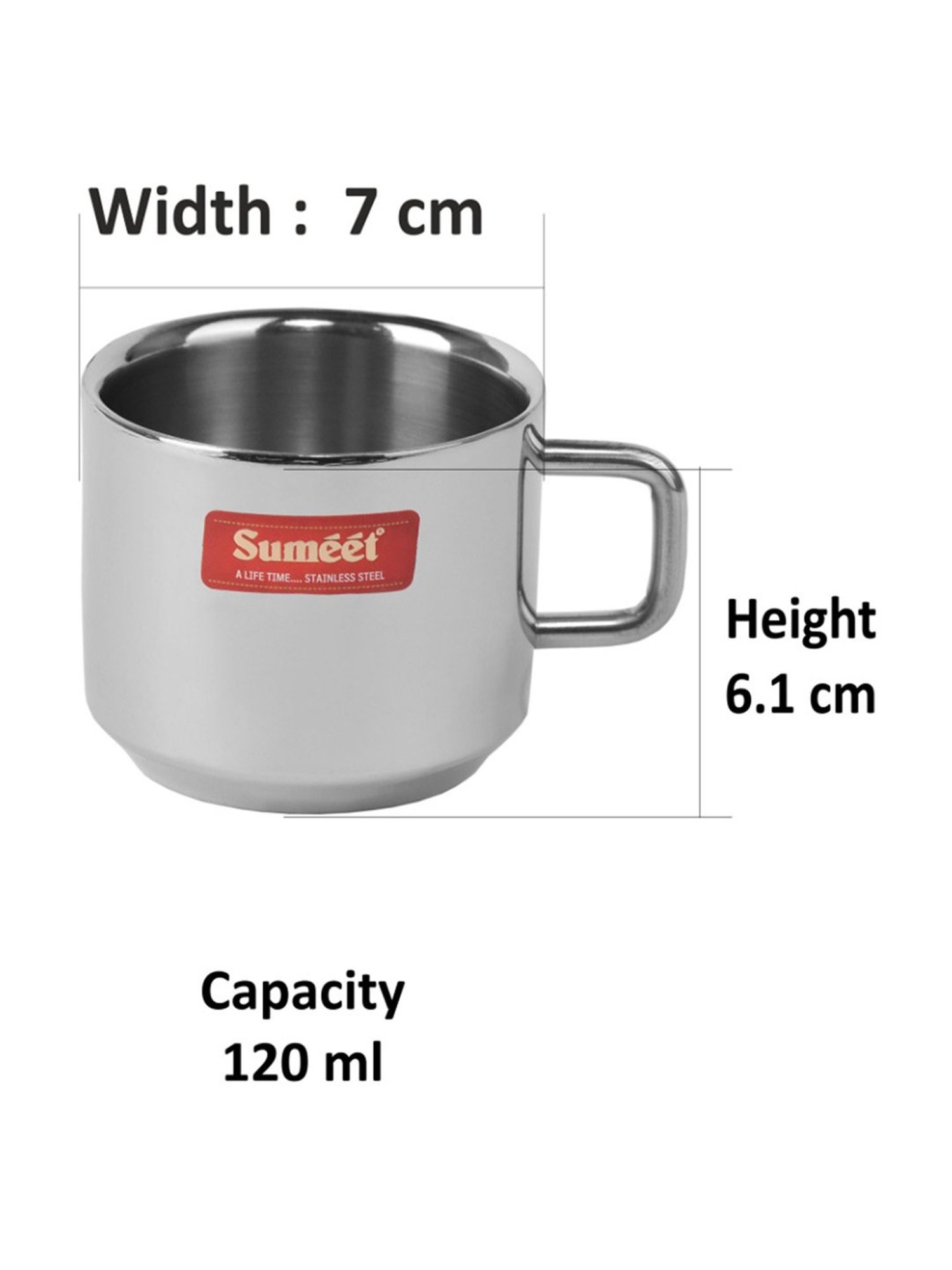 Sumeet Stainless Steel Double Wall Tea and Coffee cups set of 6Pcs (120 Ml Each)