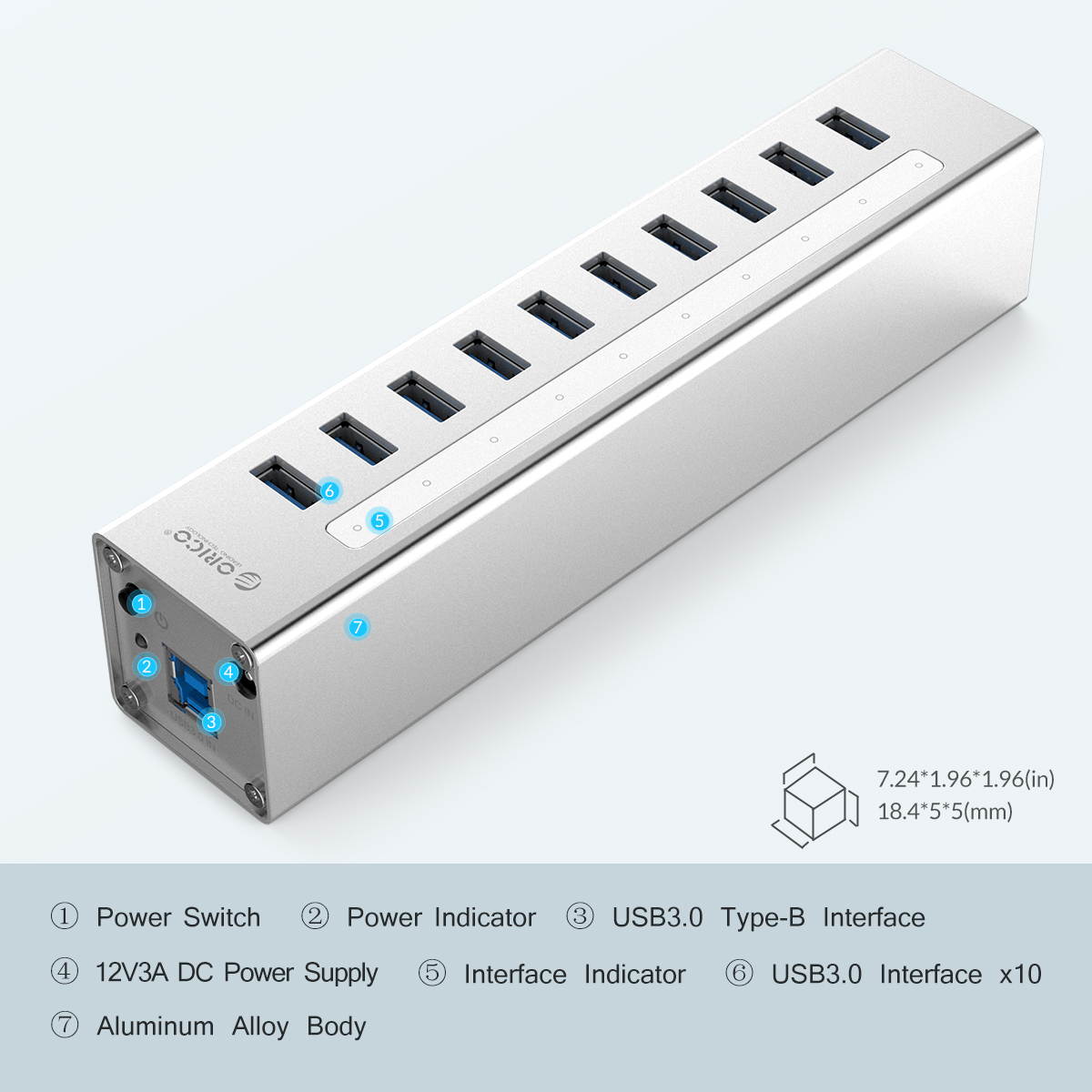 ORICO Aluminum 10Ports USB 3.0 HUB with 3.3Ft. USB 3.0 Data Cable and 12V/3A Power Supply for Macbook,PC,Laptops (HUB is not a Charger,Data transfer Only)- Silver (A3H10-V1-US)