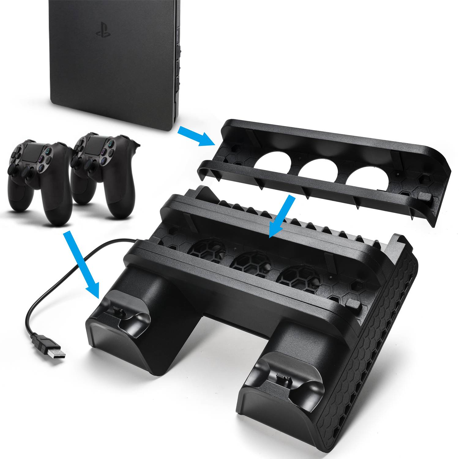 Vertical Stand with Cooling Fan for PS4 , Multi-Functional Cooling Stand, Dual Controllers Charging Station with 12 Game Storage Slots, Compatible with PS4, PS4 Slim & PS4 Pro Console, Black