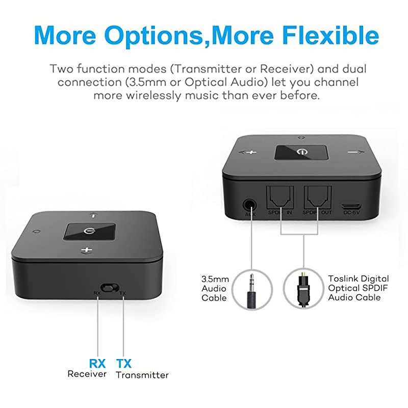 Bluetooth V50 Transmitter and Receiver Wireless Optical TOSLINK and 35mm Aux Adapter aptX Low Latency for TV Car Stereo Home Audio with SongVolume Control Supports 25 Hours Playing