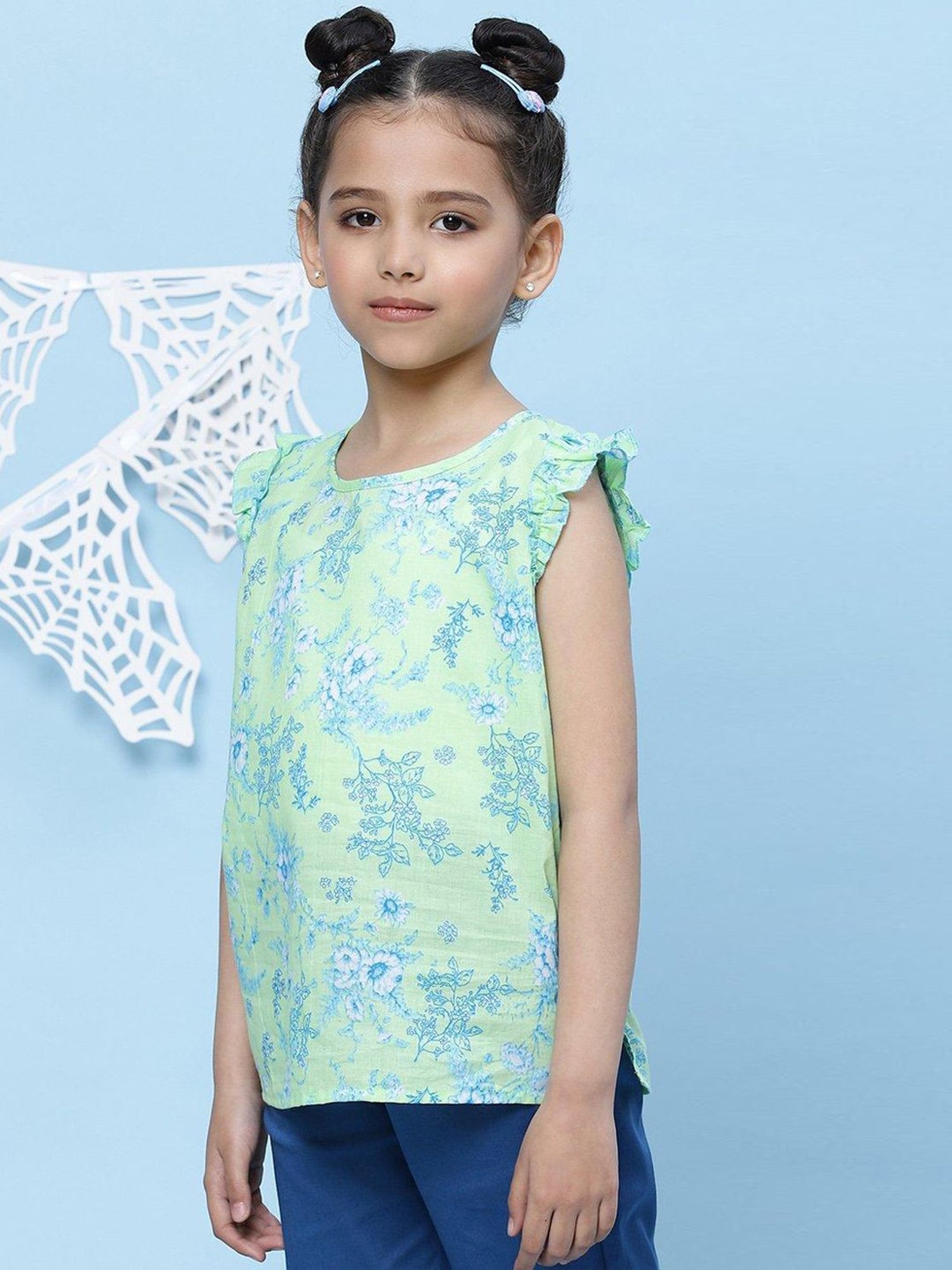 BIBA Girls Apple Green Cotton Floral Print Top