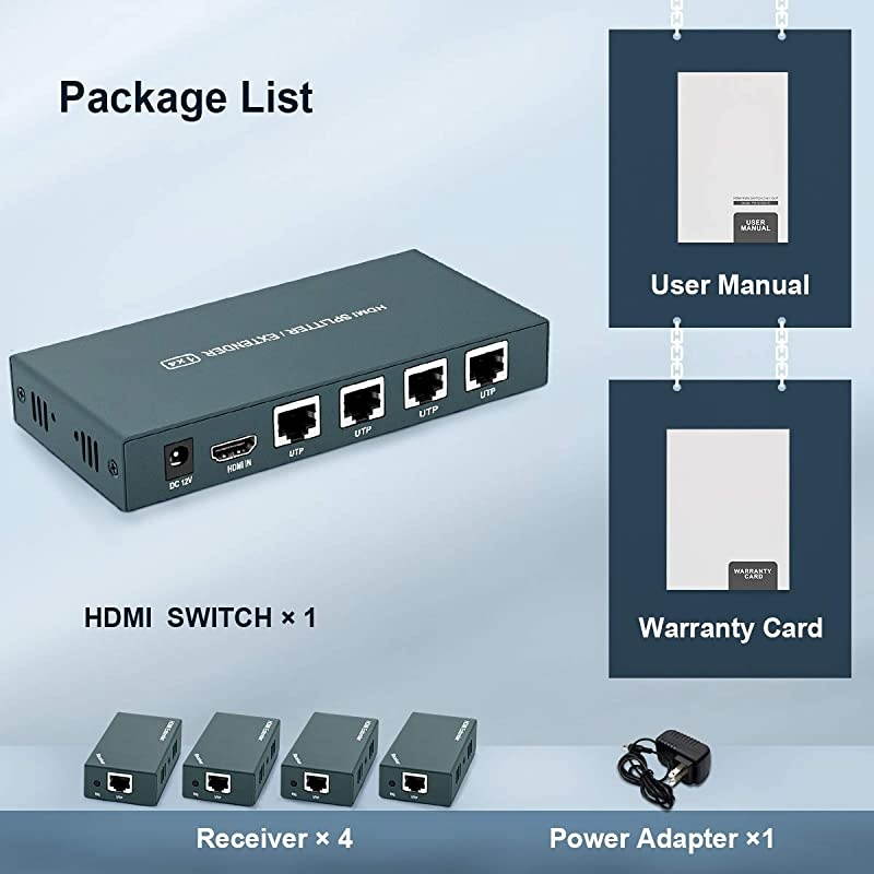 Extender Splitter 1x4, 1080P@60Hz, Extending 165ft (50m) Length Transmission Over CAT5e/CAT6/CAT7 Cable, 4 Channel Transmission Only 1 Power Adapter